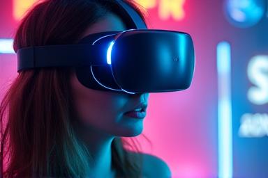 Persona usando auriculares VR con ambiente digital interactivo